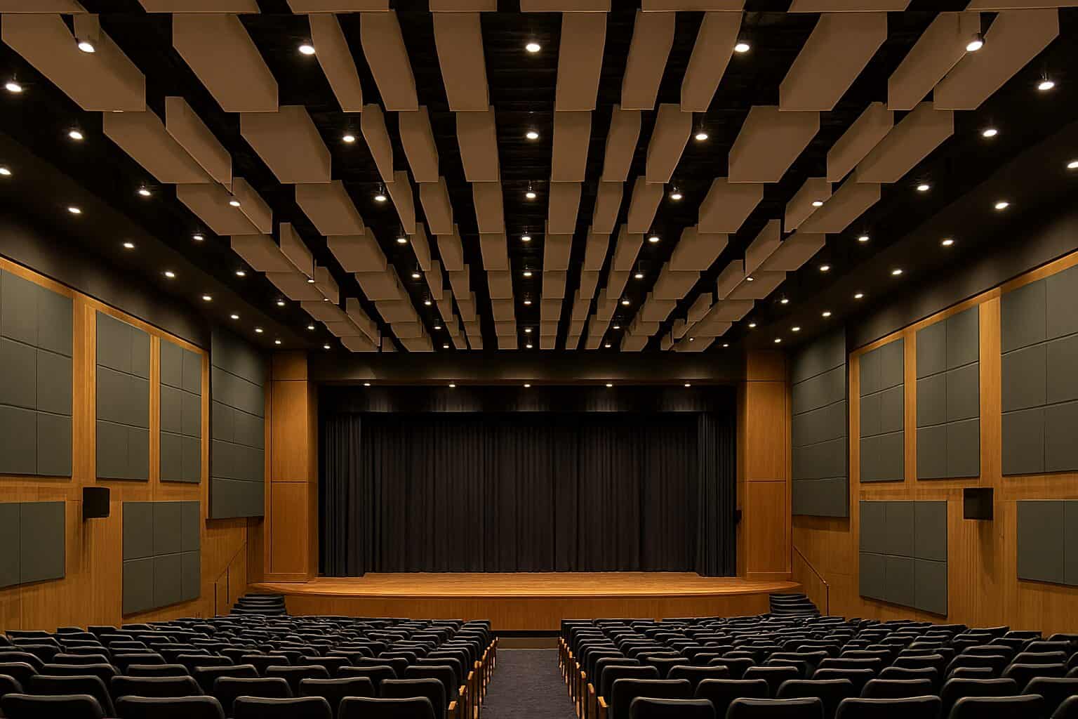 Suspended acoustic ceiling baffles in a large auditorium