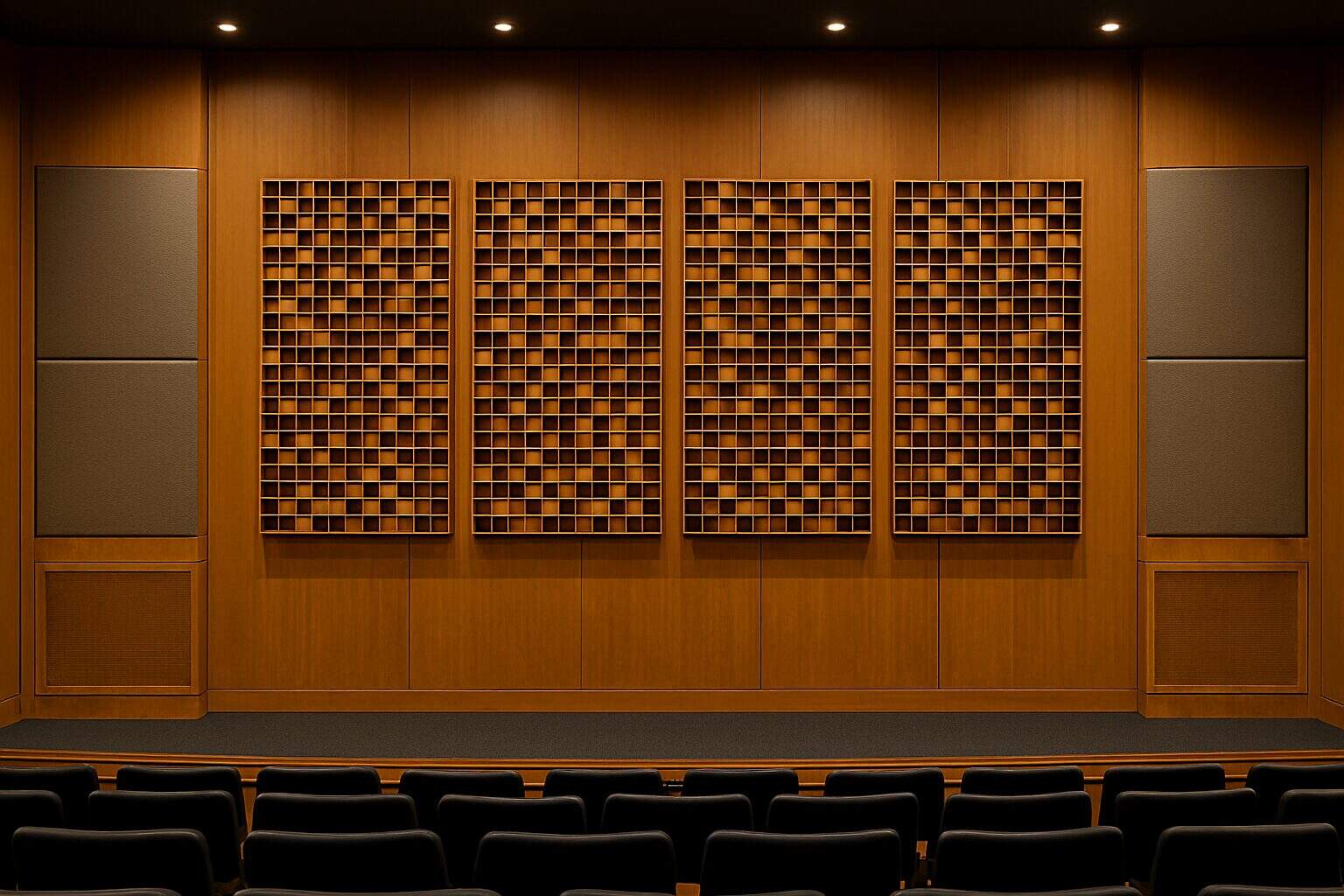 Acoustic diffusers on rear wall and bass traps in corners