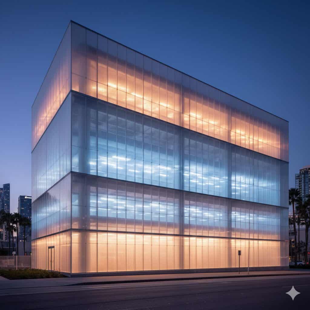 Backlit architectural panel at night